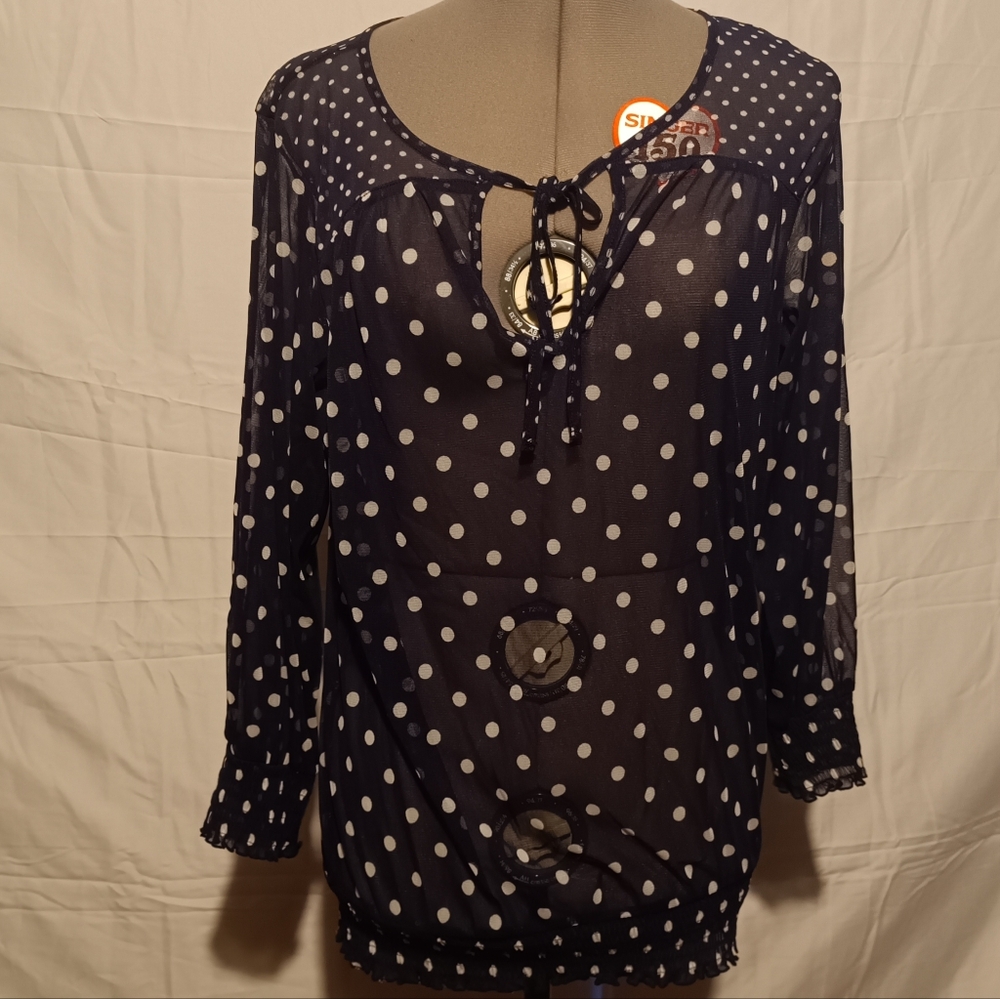🍋 INC Navy Blue & White Polka Dot Mesh Top Size: Large
